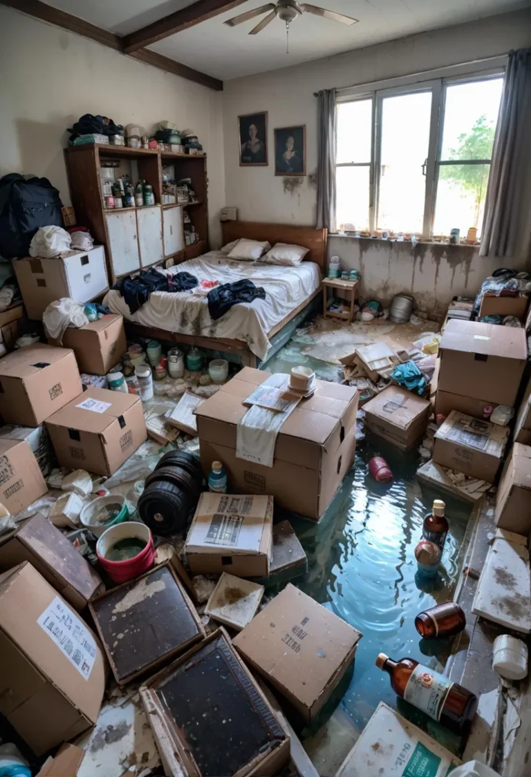 A flooded room filled with boxes, clutter, and water damage, created using Stable Diffusion.