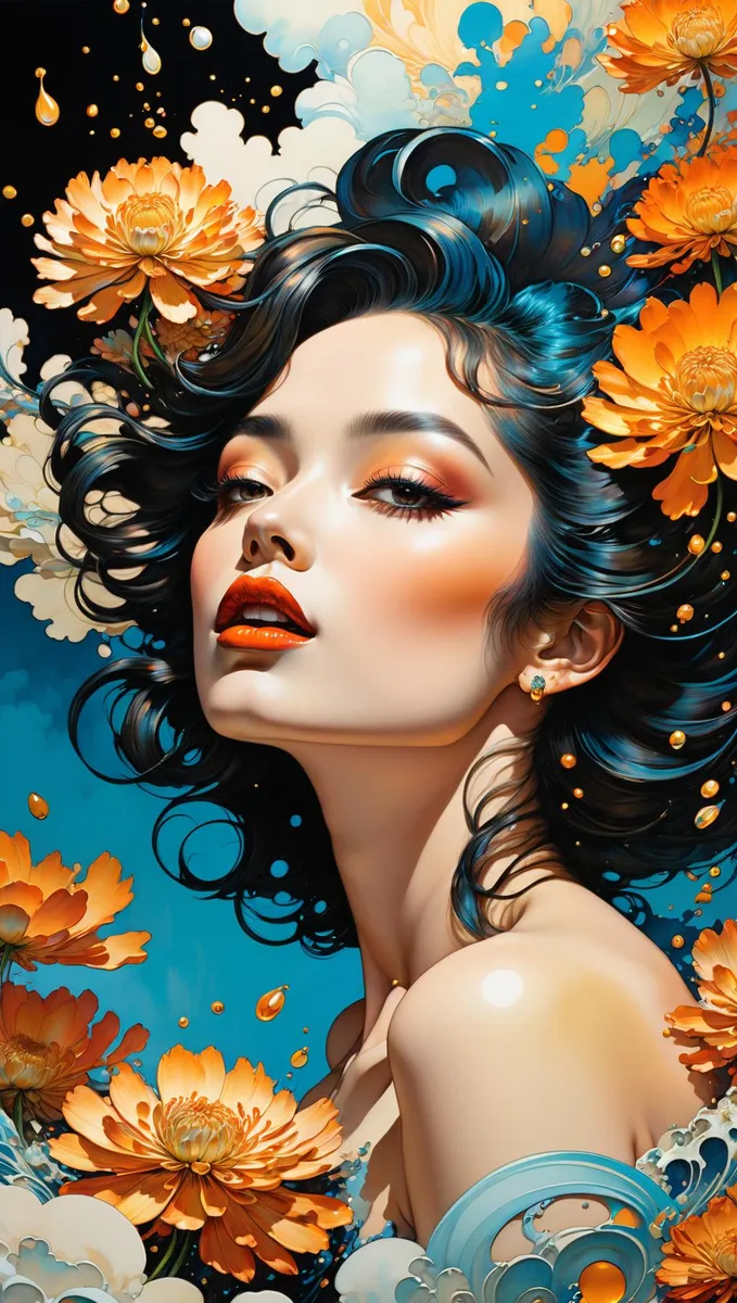 A surreal portrait of a woman with dark, wavy hair surrounded by orange flowers and surreal blue and white cloud-like elements, created using Stable Diffusion.