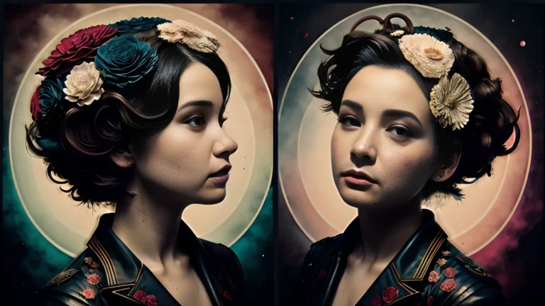 Profile and front images of a woman with a floral hairstyle on a cosmic background, AI generated using Stable Diffusion.