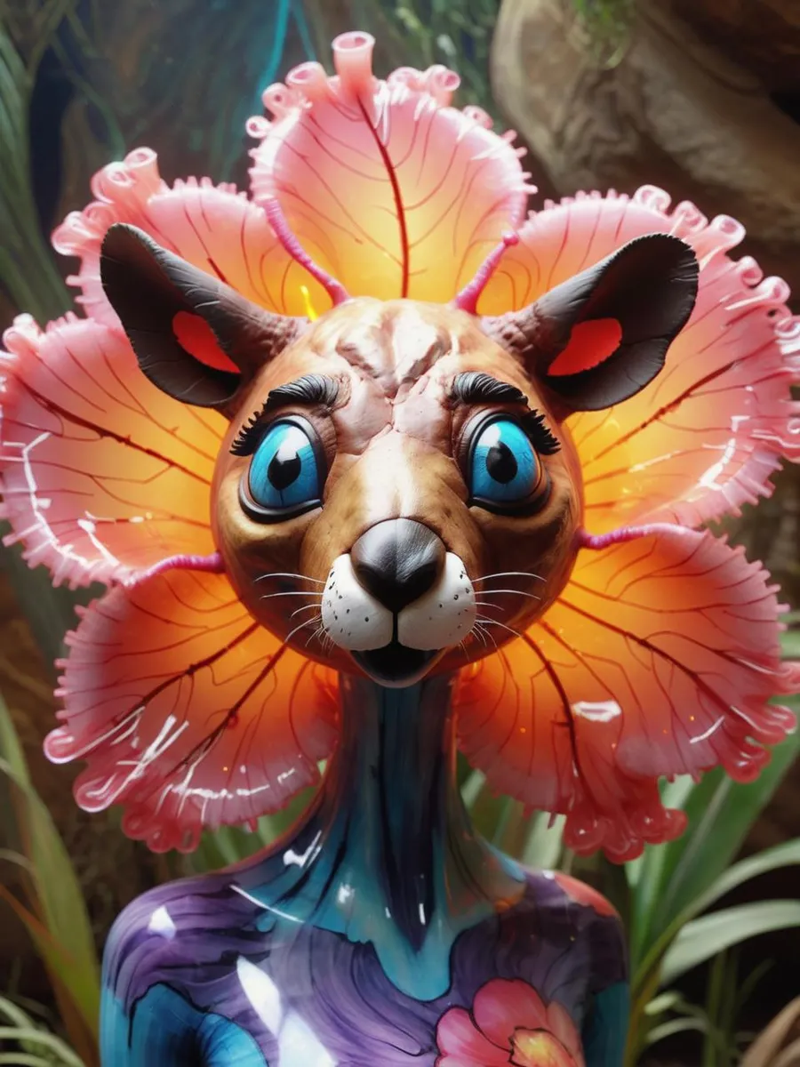 A vibrant AI generated image using Stable Diffusion of a fantasy character with a flower animal hybrid. The character has a cartoon-like animal face with large blue eyes and a pink flower blooming around its head.