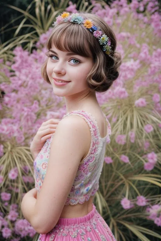 A smiling young woman with short brown hair wearing a colorful flower crown and a detailed sleeveless top with a pink background of flowers. This is an AI generated image using Stable Diffusion.