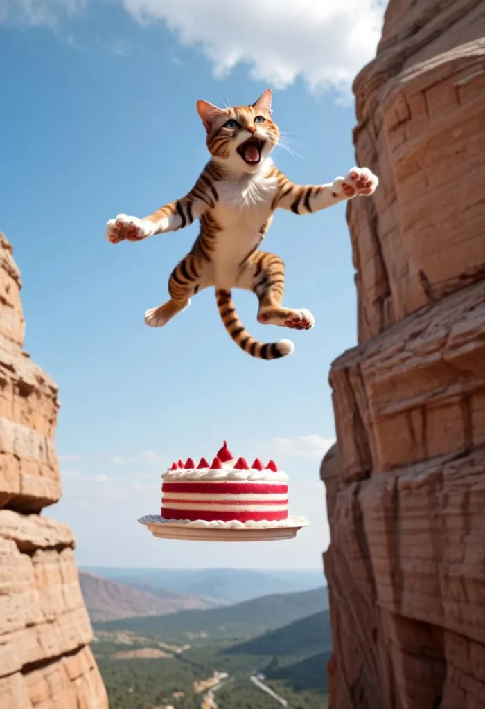 A flying cat leaping over a canyon towards a birthday cake, generated using Stable Diffusion AI.