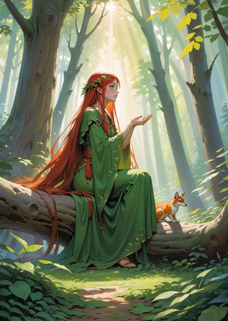 A beautiful red-haired, elven woman in flowing green robes with a fox in an enchanted forest, bathed in sunlight. AI generated image using Stable Diffusion.