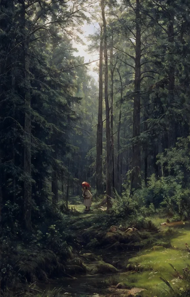 A detailed forest landscape generated by AI using Stable Diffusion. In the image, a lone woman holding a red umbrella stands amidst tall trees and lush greenery. The sunlight filters through the dense foliage, creating a serene and mystical atmosphere.