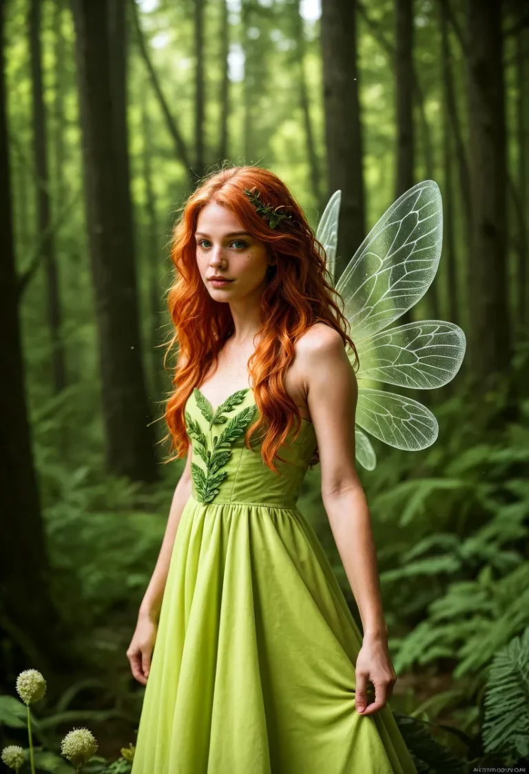 AI generated image of a fairy with red hair, green dress, and transparent wings standing in a lush green forest created using Stable Diffusion.
