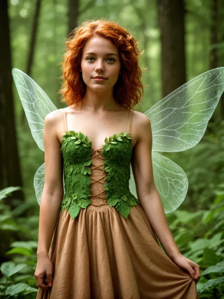 AI generated image of a forest fairy with red hair, translucent wings, and a green dress, using Stable Diffusion.