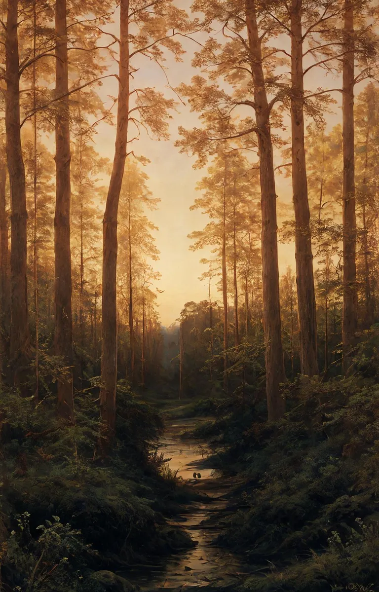 A peaceful forest landscape at sunset with tall trees, created using Stable Diffusion AI.