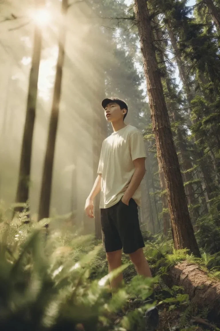 A young man standing in a forest, bathed in sunbeams filtering through the trees, AI generated image using stable diffusion.