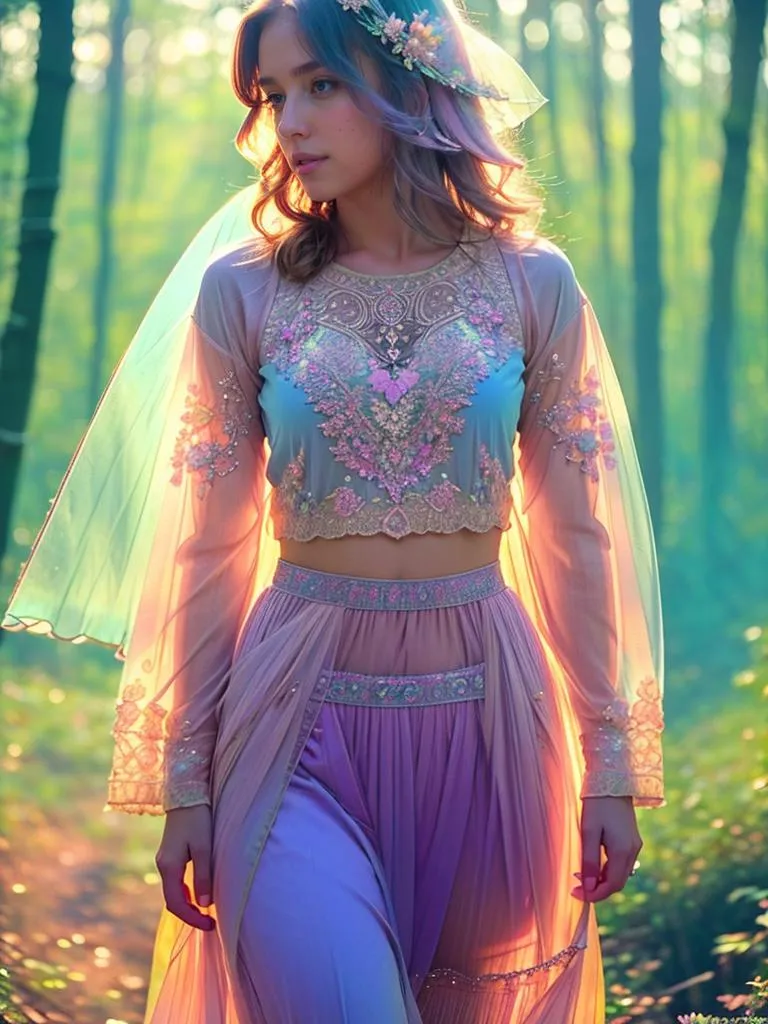 A young woman in a flowing, ethereal dress with floral embroidery and a flower crown stands in a sunlit forest, an AI generated image using Stable Diffusion.