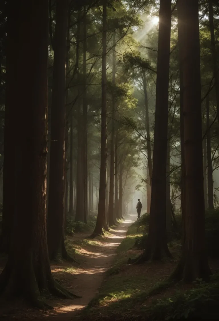 A tranquil forest path with sunlight filtering through tall trees in an AI generated image using Stable Diffusion.
