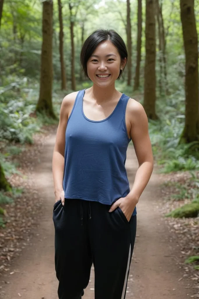 A woman in casual attire walks in a dense forest. AI generated image using stable diffusion.