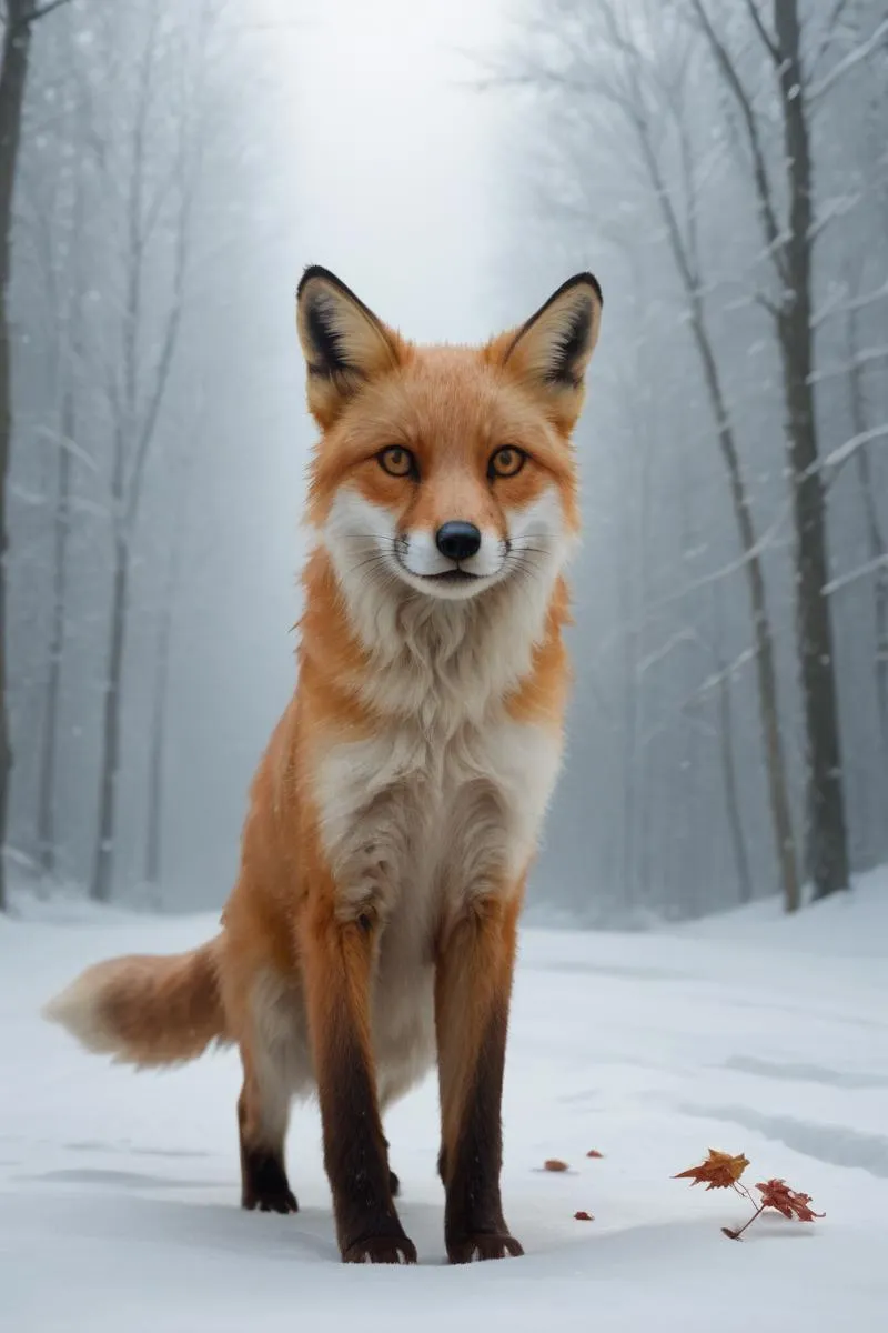 A realistic AI generated image using stable diffusion of a red fox standing on a snowy path in a winter forest with bare trees and a misty atmosphere.