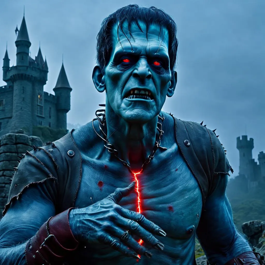 A terrifying Frankenstein monster with glowing red eyes, a glowing red chest wound, seen in front of a gothic castle. AI generated image using Stable Diffusion.