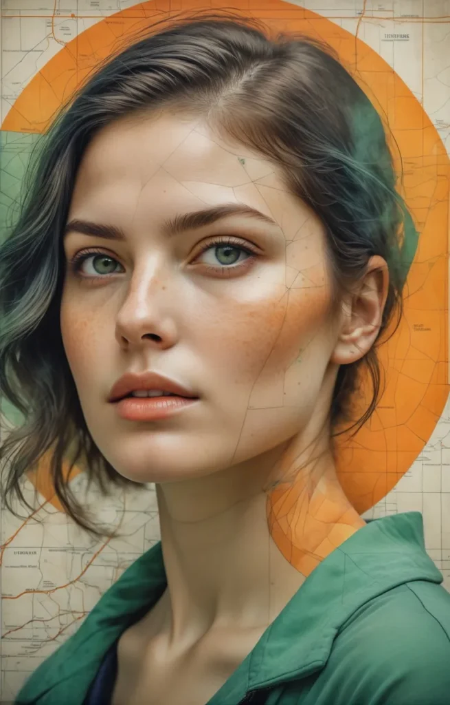 A close-up portrait of a freckled woman with teal and brown hair, designed using Stable Diffusion AI. The background features an abstract map design with orange and green hues.