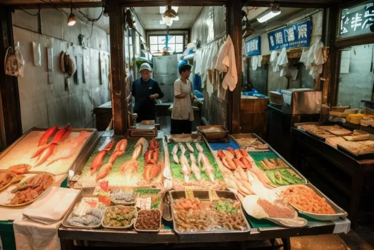 Fish market filled with a variety of fresh seafood, including fish and shellfish, displayed on ice in trays. This is an AI generated image using Stable Diffusion.