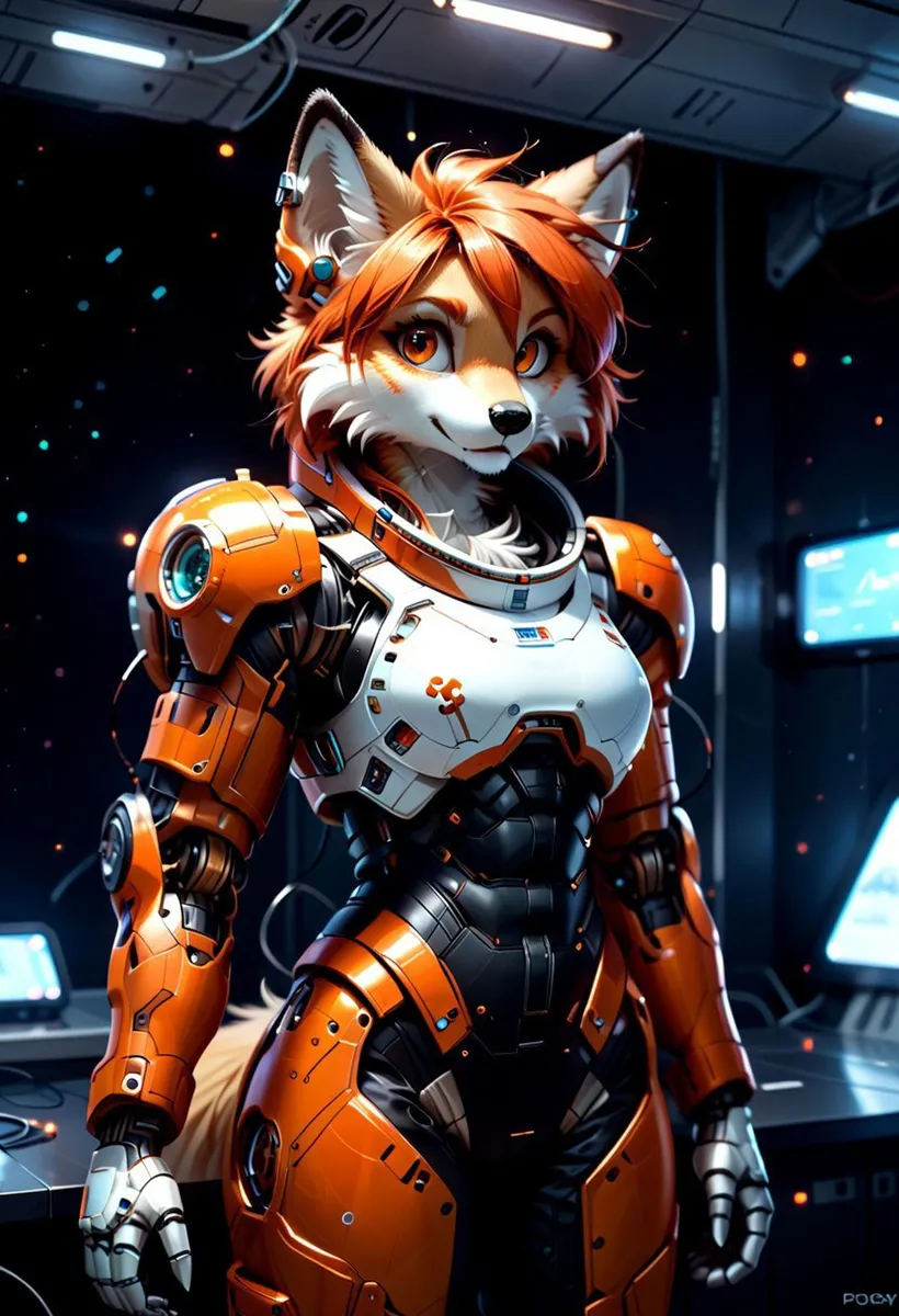 A furry anthropomorphic character in an orange and white futuristic spacesuit created using Stable Diffusion AI.