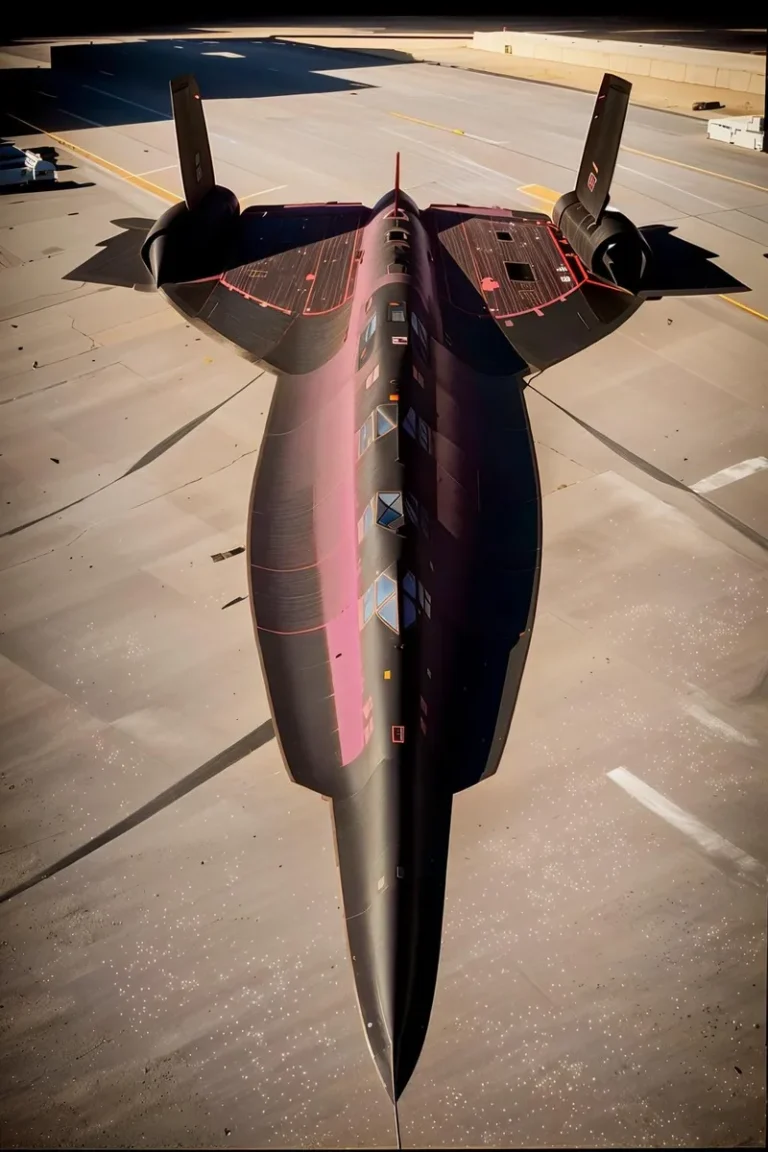 Top-down view of a sleek, futuristic aircraft with a black and purple design, stationed on a runway. AI-generated image using Stable Diffusion.