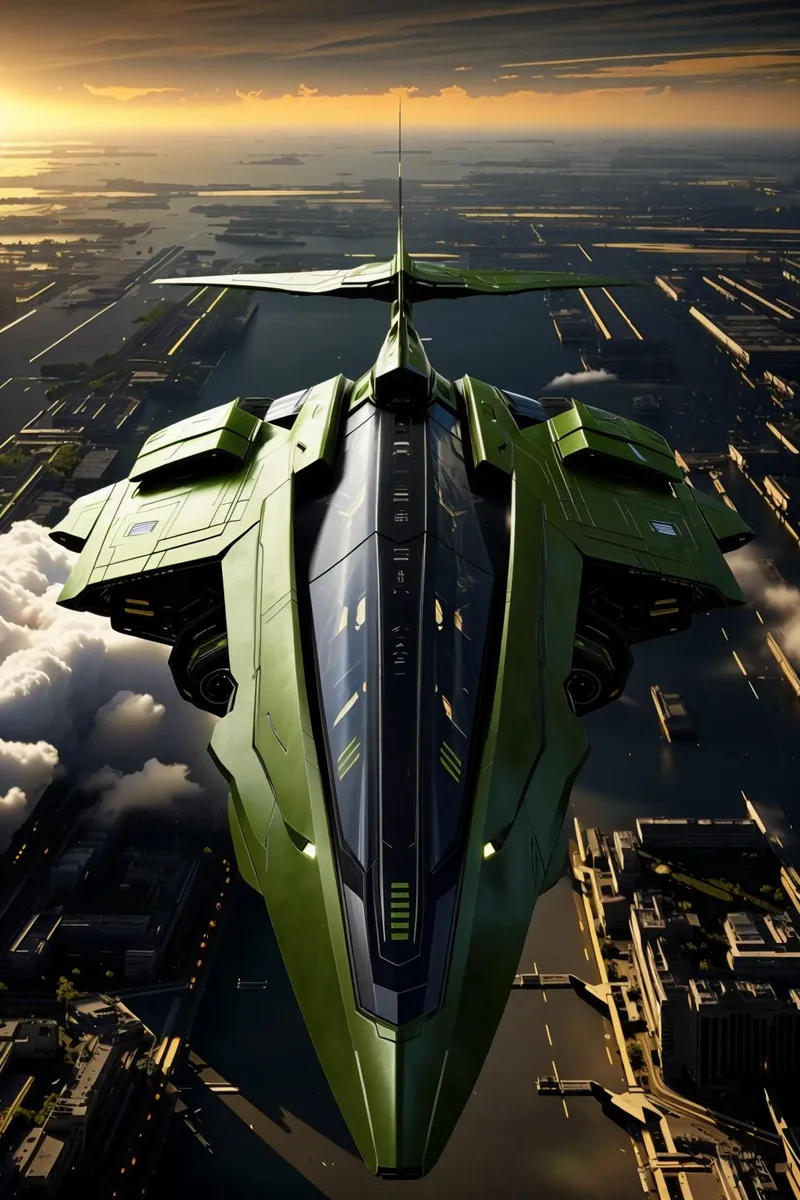 A futuristic green aircraft is flying over a detailed sci-fi cityscape with a setting sun in the background. This is an AI generated image using Stable Diffusion.