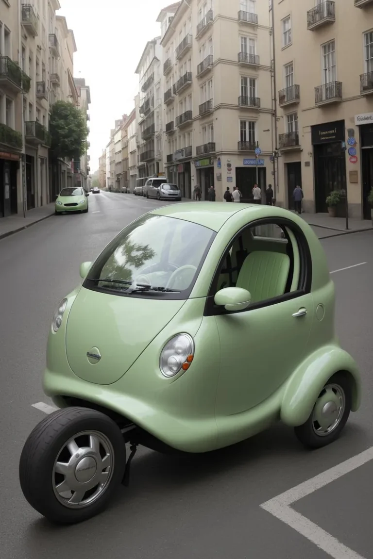 Futuristic mint-green car with a rounded design driving through a modern city street. AI generated image using Stable Diffusion.