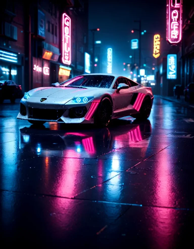 A futuristic car with neon lights parked on a wet street in a cyberpunk city, created using Stable Diffusion.