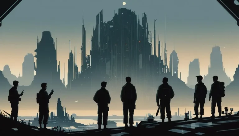 A futuristic cityscape with silhouetted figures in the foreground, emphasizing a science fiction theme. This is an AI generated image using Stable Diffusion.