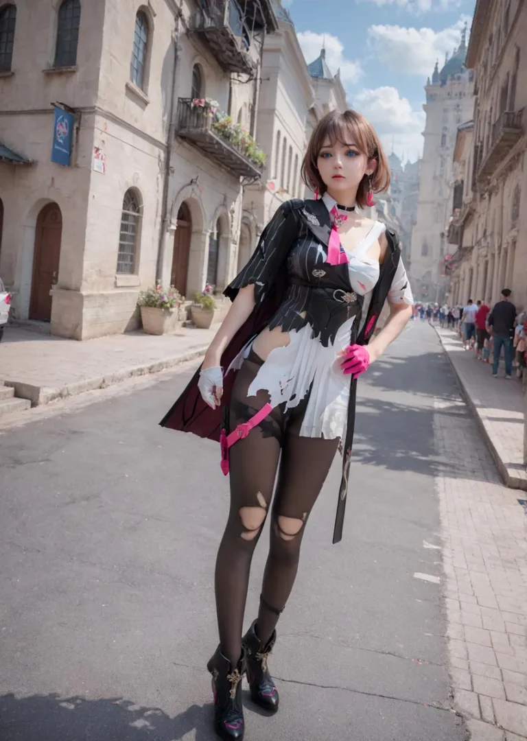 Woman in a futuristic cosplay outfit with a detailed dress and stockings, standing in an old European street. AI generated image using Stable Diffusion.