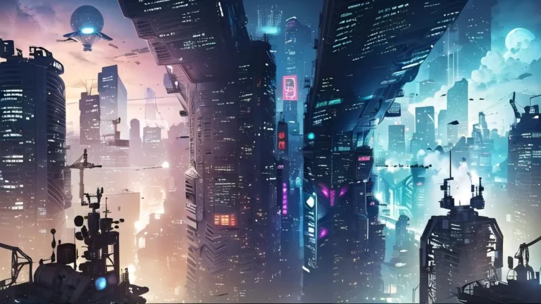 Futuristic cityscape with towering skyscrapers and glowing neon lights generated using Stable Diffusion AI.