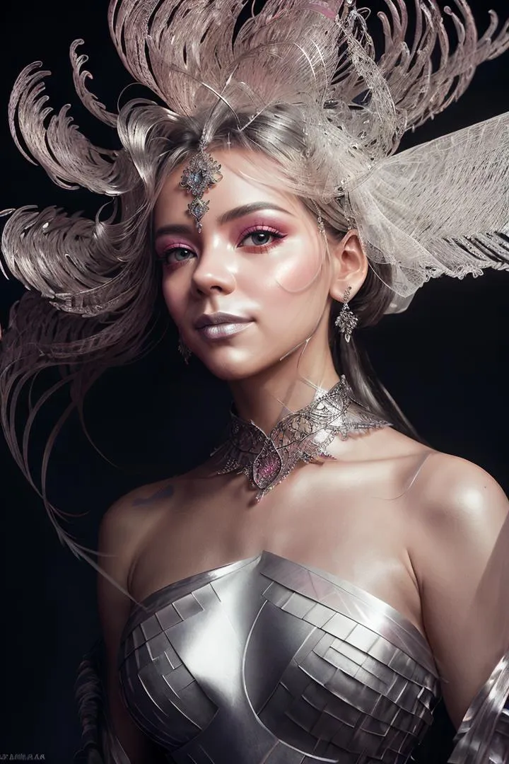 Elegant woman in futuristic silver attire with intricate headdress. AI generated image using Stable Diffusion.