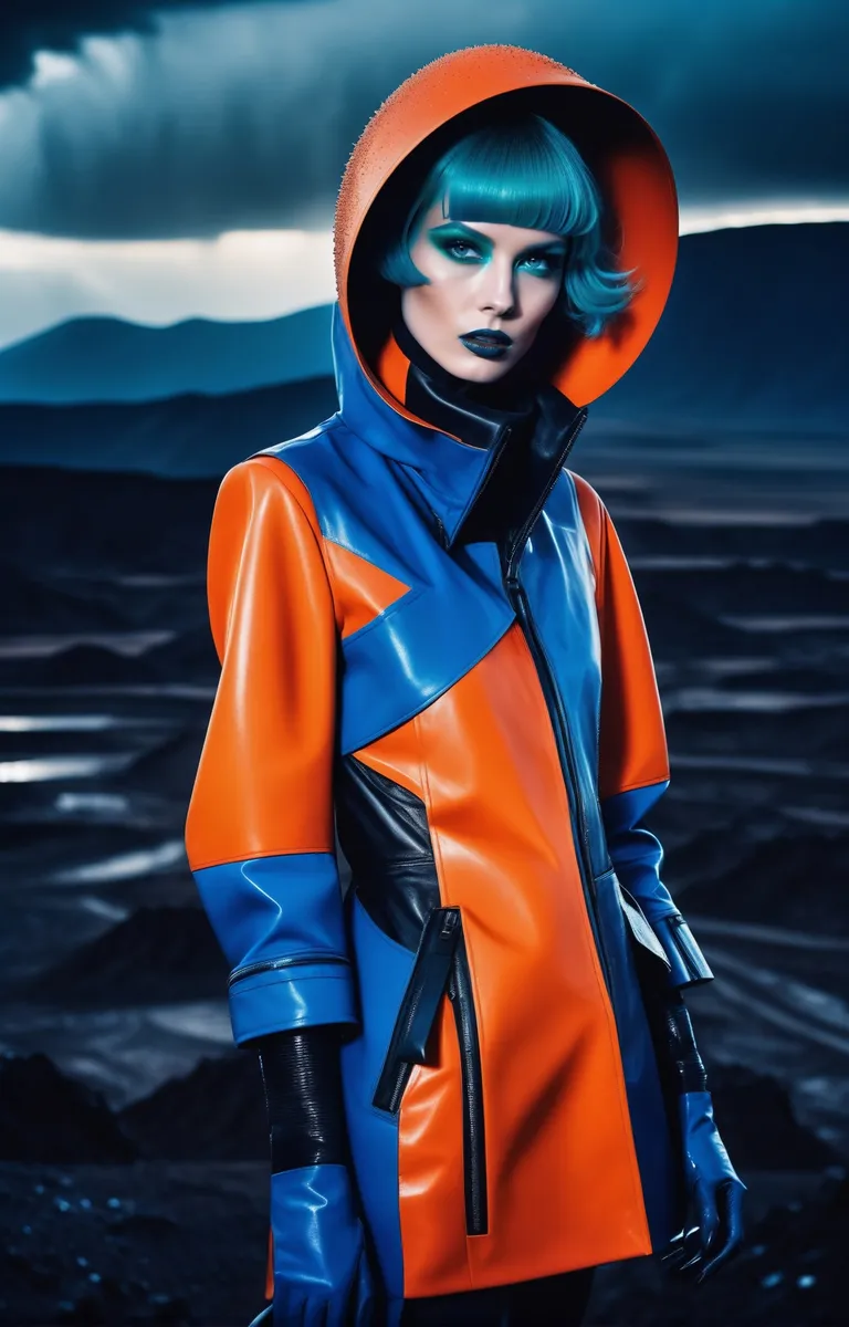 A blue-haired model with bold makeup wearing an orange and blue futuristic outfit with a hood, standing against a moody background. AI generated image using stable diffusion.