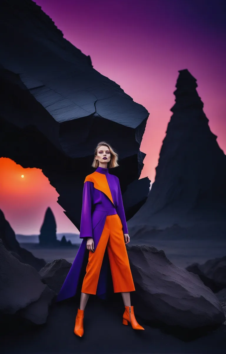 Futuristic fashion model in bright orange and purple attire standing in a surreal rocky landscape with a vibrant pink and orange sunset backdrop, generated using Stable Diffusion.