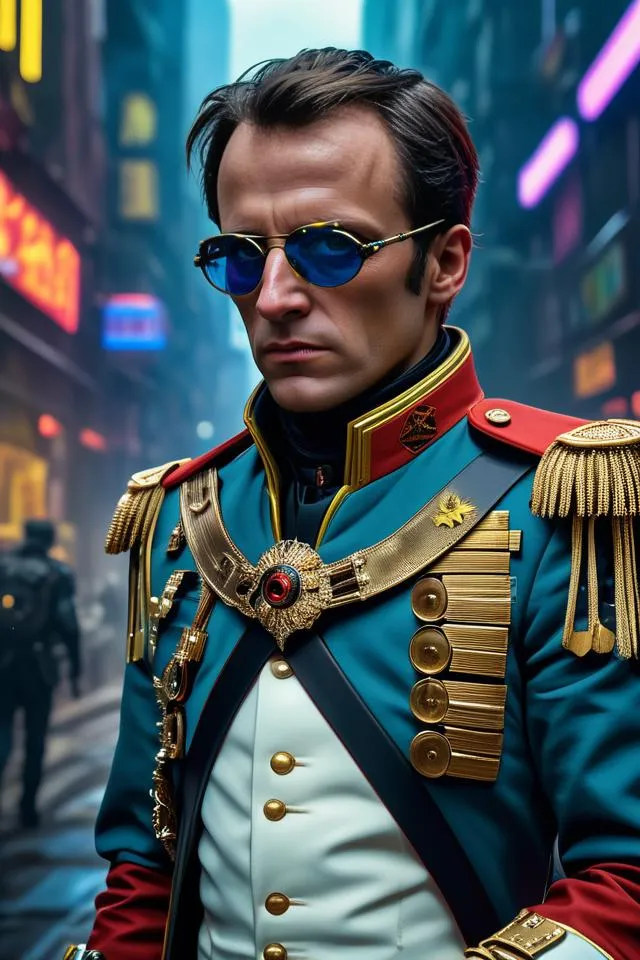 A futuristic military officer with sunglasses and elaborate uniform standing in a cyberpunk city. Created with Stable Diffusion AI.