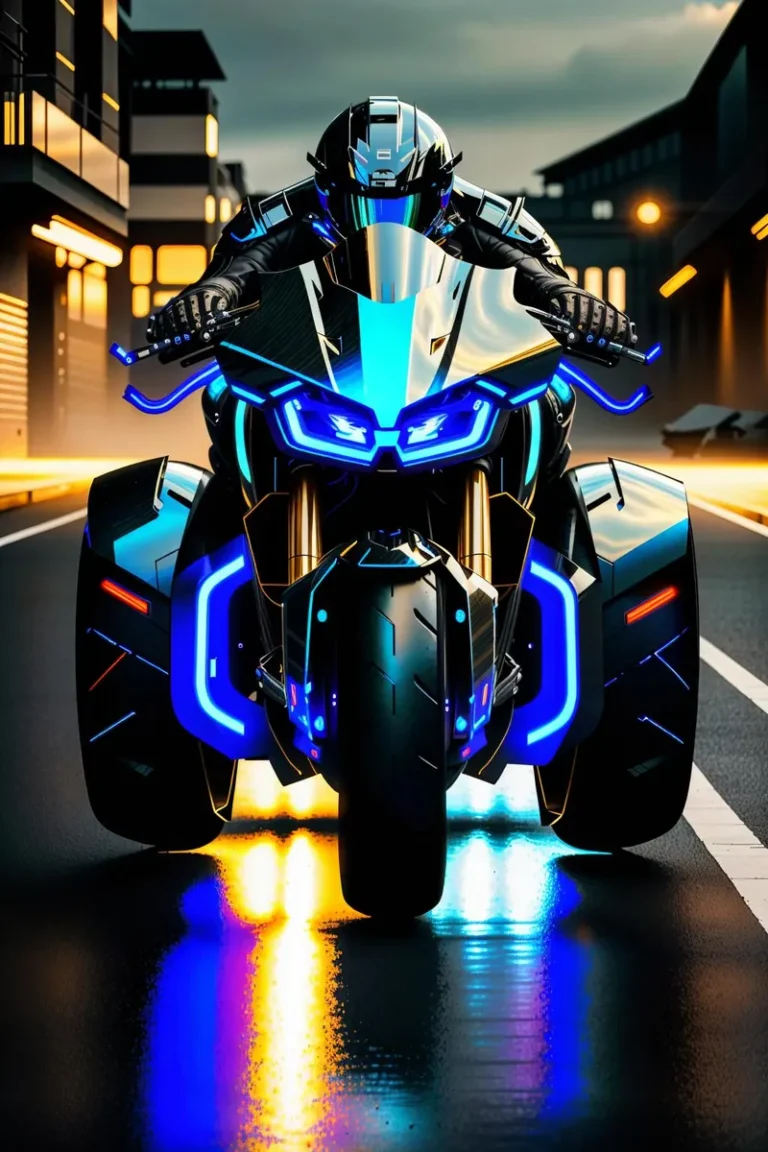 A futuristic motorcycle with neon blue and orange lights, created using Stable Diffusion AI.