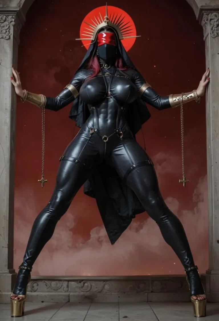 Futuristic nun in dark fantasy setting wearing black leather bodysuit, metallic halo, and holding a rosary, created using Stable Diffusion.