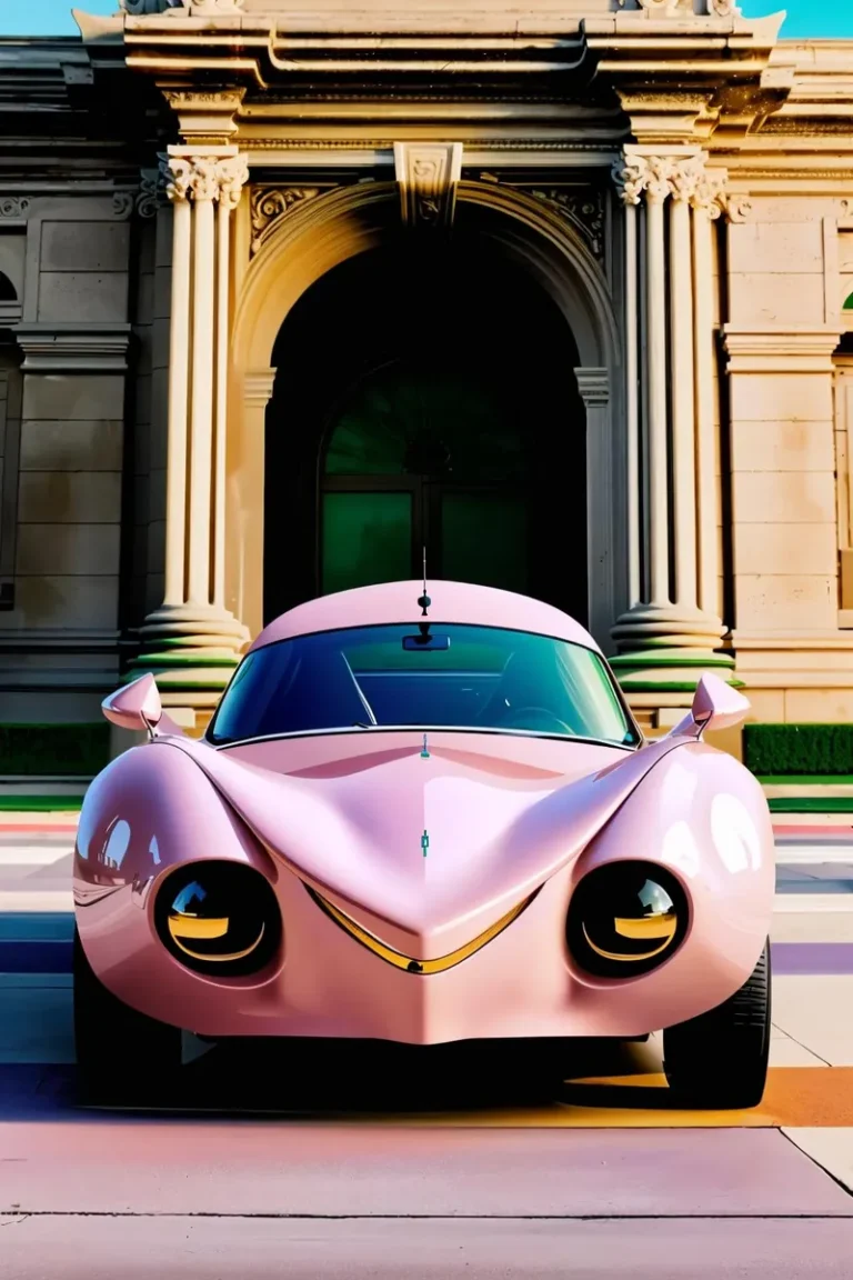 Bright pink, sleek futuristic car with unique front design, featuring large eyes-like headlights, parked in front of a historic building with ornate columns and arches. AI generated image using Stable Diffusion.