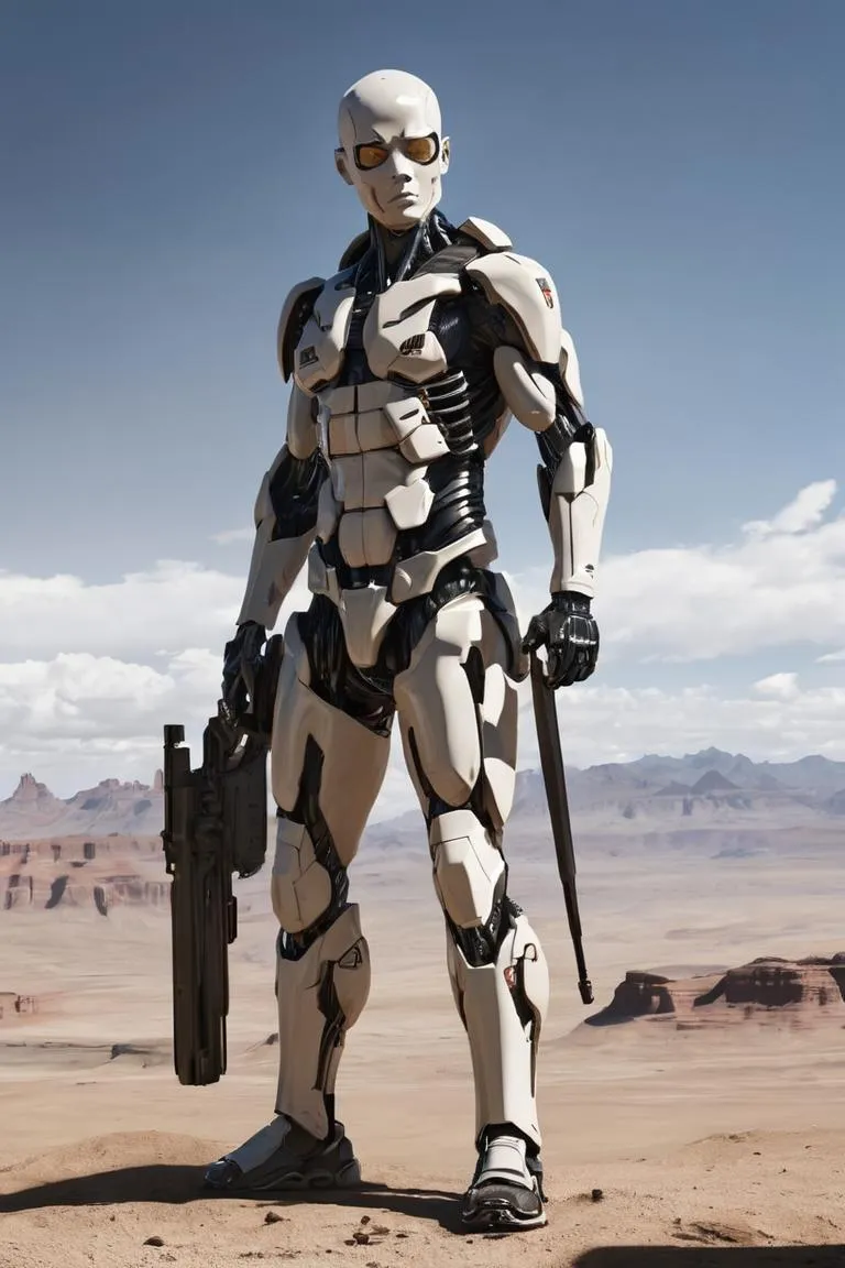 A futuristic robot soldier with white armor and large weapon standing in a vast desert landscape with rocky formations, generated using Stable Diffusion.