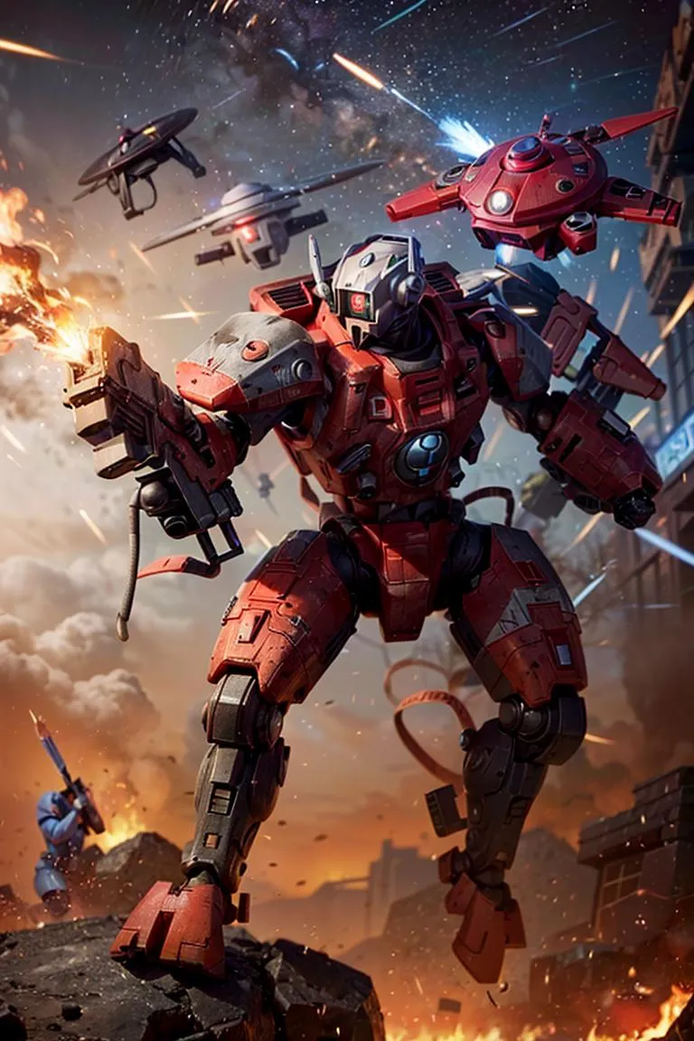 An AI generated image created using Stable Diffusion of a futuristic robot in an epic battle scene, featuring robotic drones and fiery explosions.