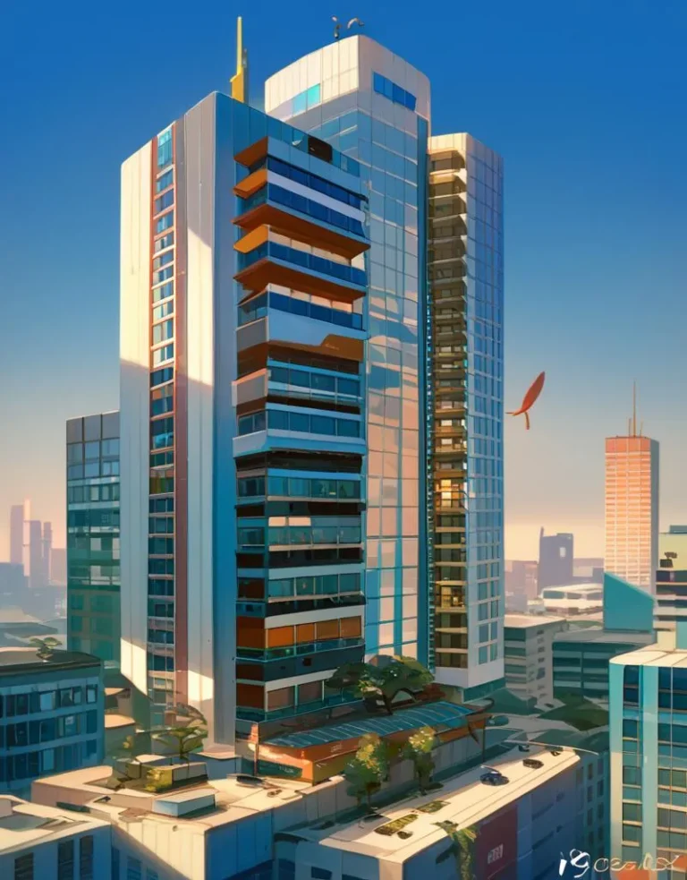 Futuristic skyscraper with modern architecture in a vibrant urban landscape, created using AI-generated Stable Diffusion.