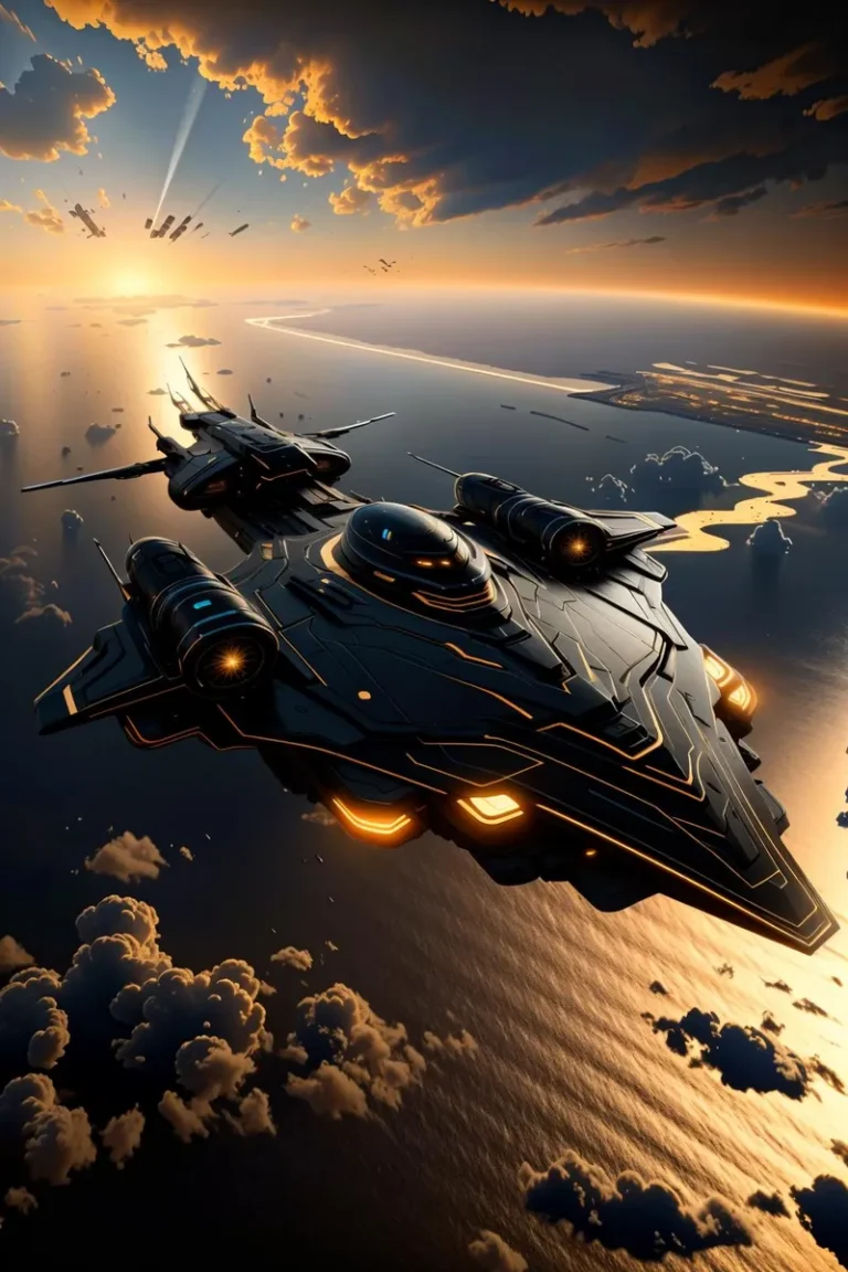 A futuristic spaceship soaring through the sky at sunset, AI generated image using Stable Diffusion.