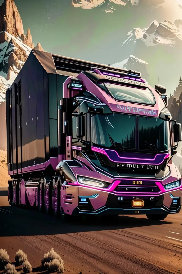 A futuristic truck with neon lights and sleek design driving on a mountain road. AI generated image using Stable Diffusion.