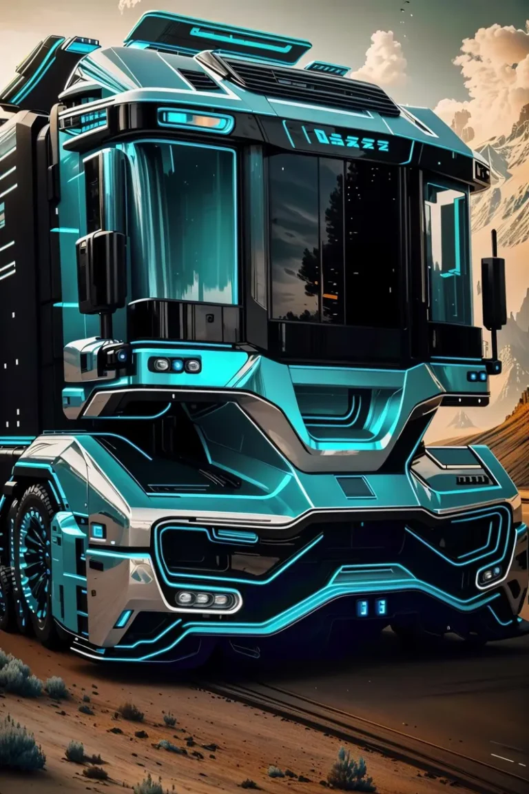 A futuristic truck with neon blue and teal lights, designed with sleek and advanced aesthetics, showcasing an ultramodern look using stable diffusion.