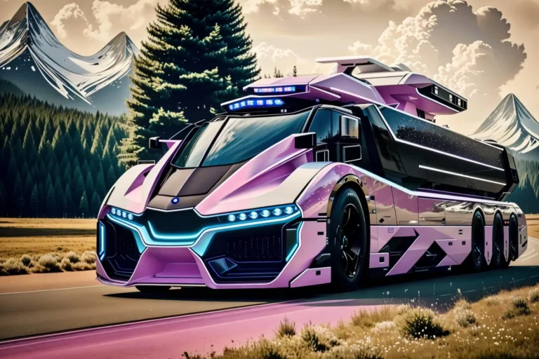 A futuristic pink and black truck with neon lights, set against a scenic mountain landscape, AI generated using Stable Diffusion.