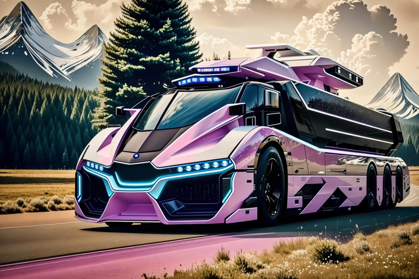 A futuristic pink and black truck with neon lights, set against a scenic mountain landscape, ai generated using stable diffusion.