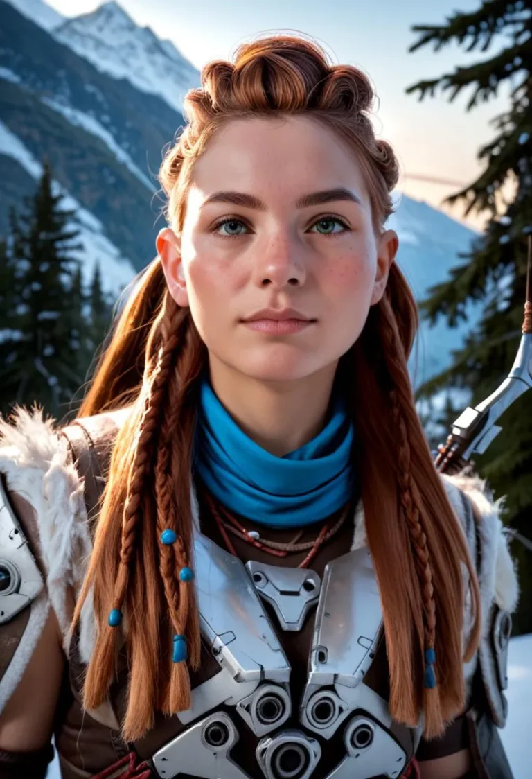 A young woman with braided red hair, wearing futuristic armor with blue accents, standing against a mountainous landscape. This is an AI generated image using Stable Diffusion.