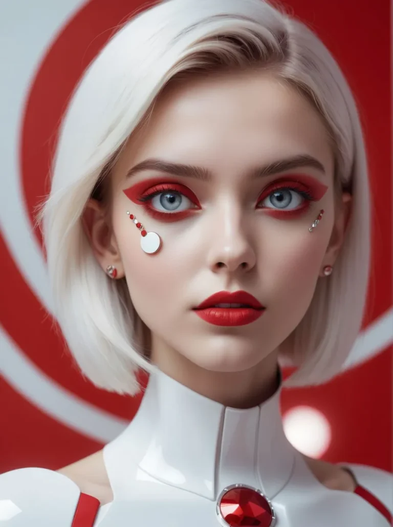 A futuristic woman with platinum blonde hair and striking red eye makeup, wearing a high-collared white outfit with circular red accents. AI generated image using Stable Diffusion.