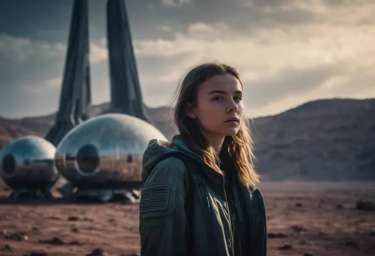 A futuristic young woman standing on an alien landscape with advanced spaceships in the background, generated using Stable Diffusion