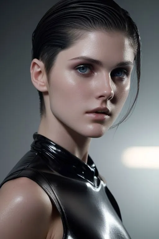 AI generated image of a futuristic woman with wet-look hair, glossy black outfit in cyberpunk style, created using stable diffusion.