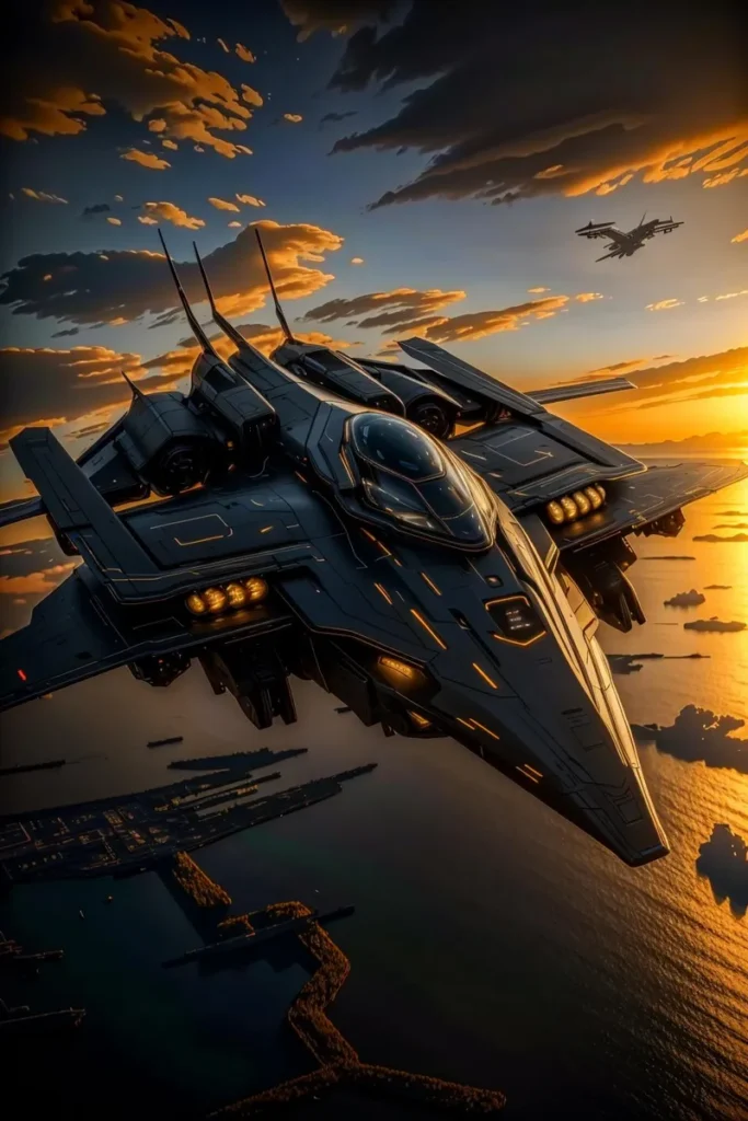 A futuristic aircraft soaring through a dramatic sunset sky, ai generated image using stable diffusion.