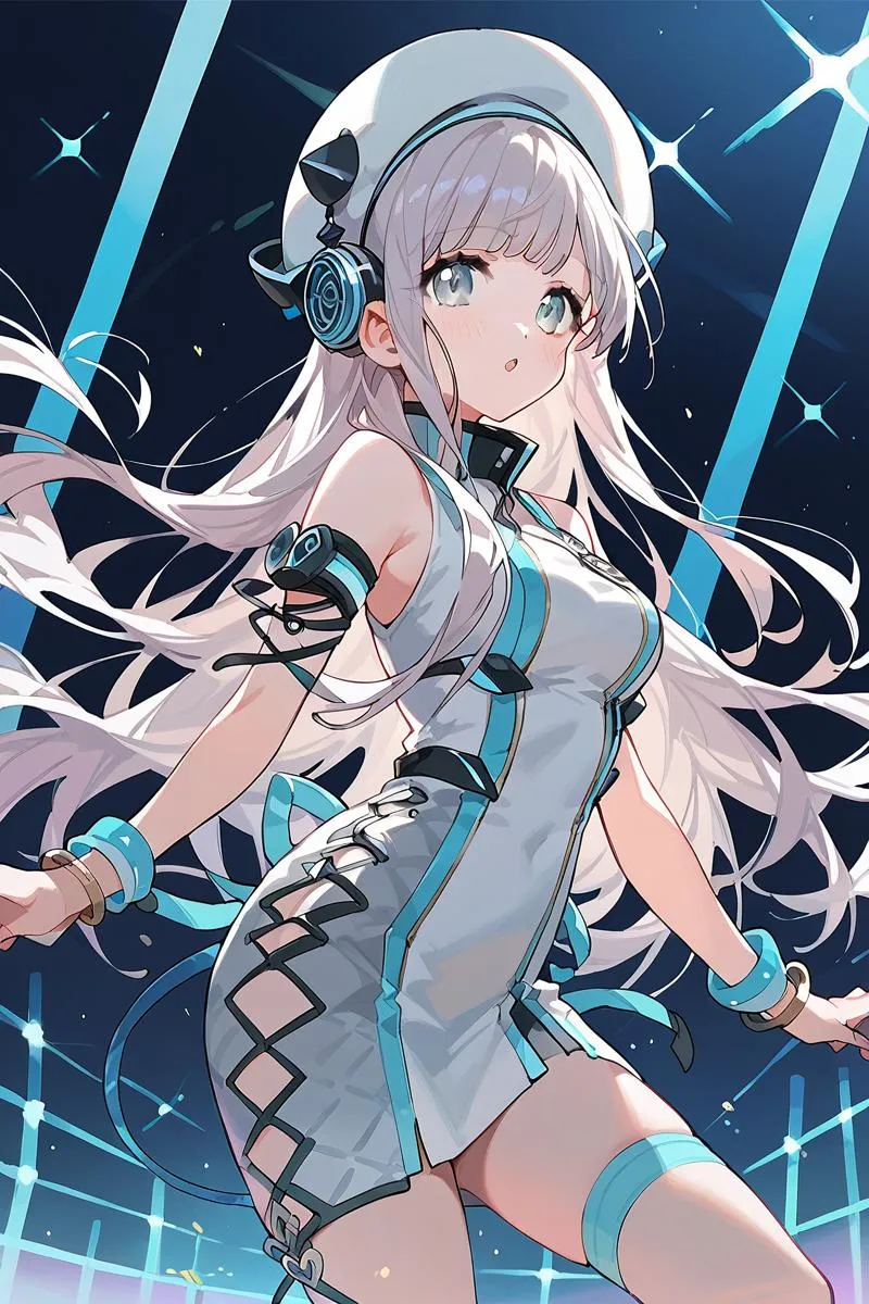 AI generated image of an anime girl in a futuristic white and blue outfit, using stable diffusion.