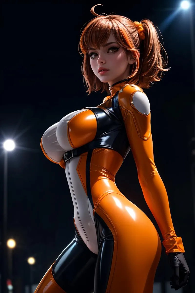 A female warrior with a futuristic orange and white bodysuit, AI generated image using Stable Diffusion.