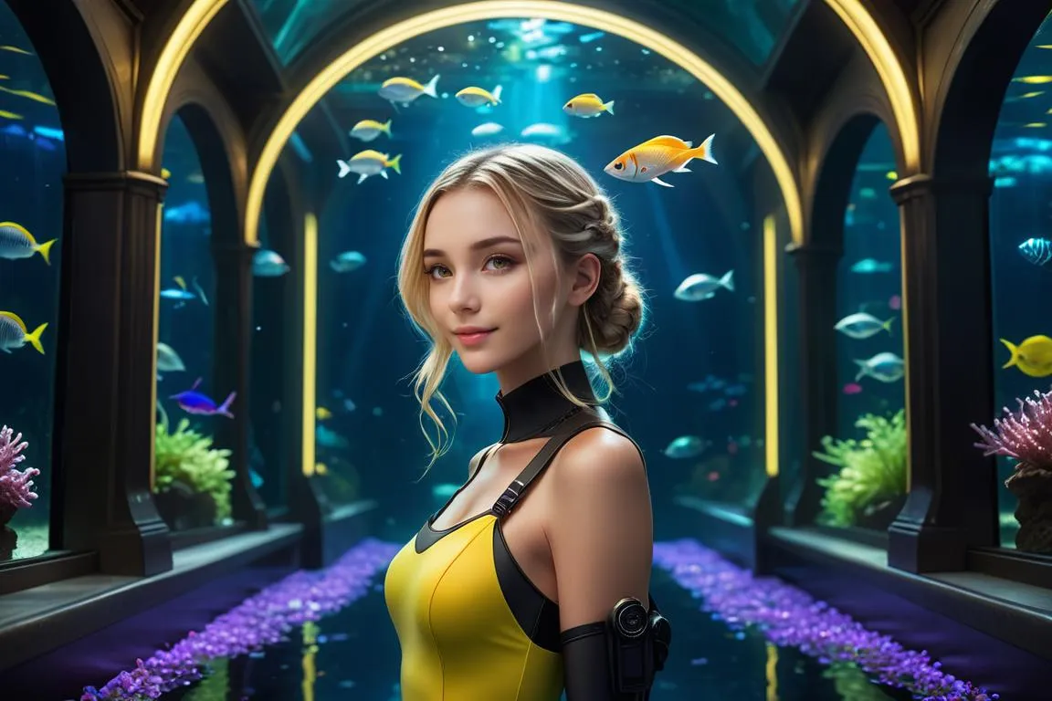 A cyber woman with blonde hair stands in a futuristic aquarium with colorful fish and arched structures, generated by AI using stable diffusion.